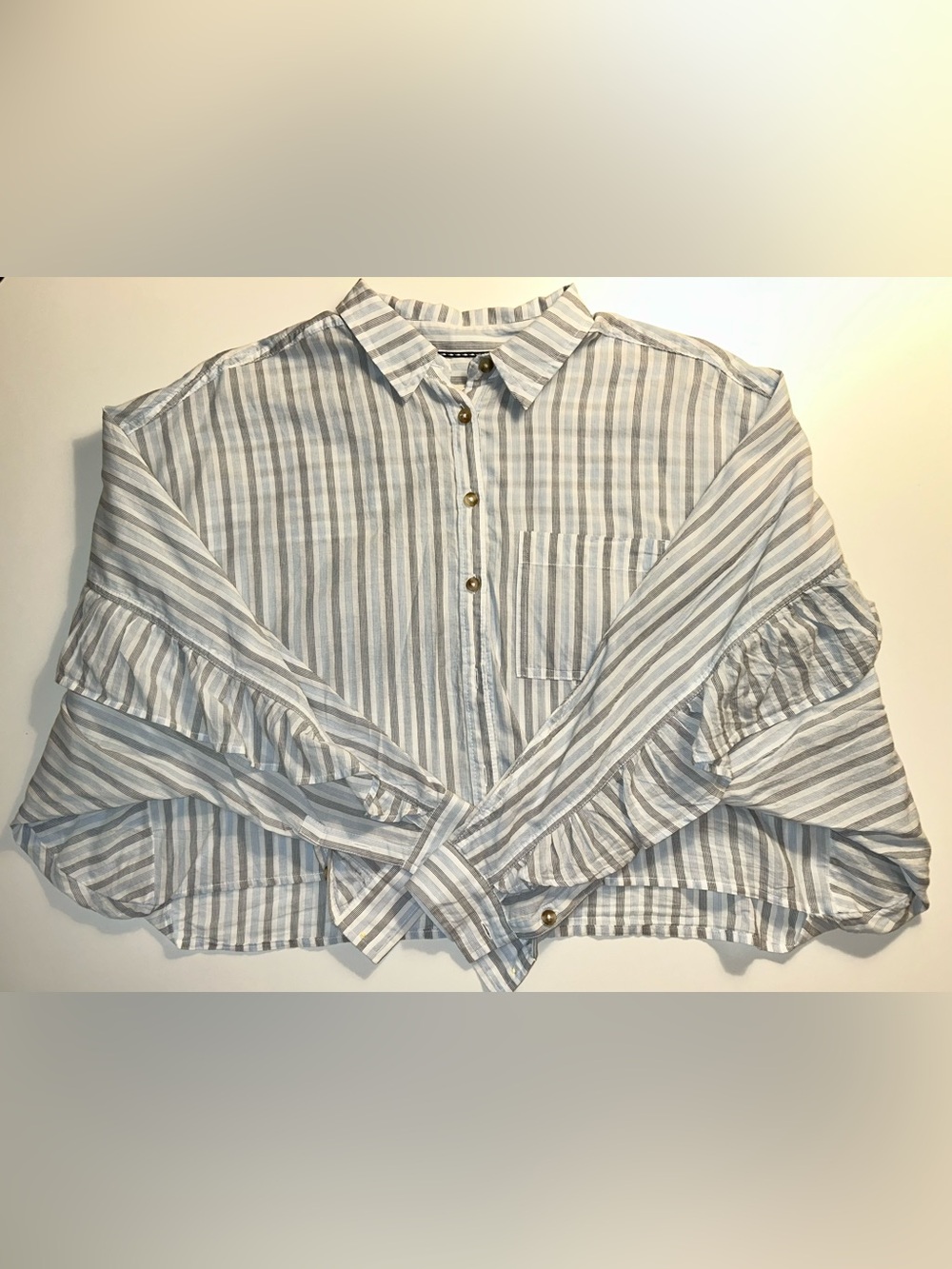 Pilcro Blue and White Striped Button-Up Ruffle Sleeve Top